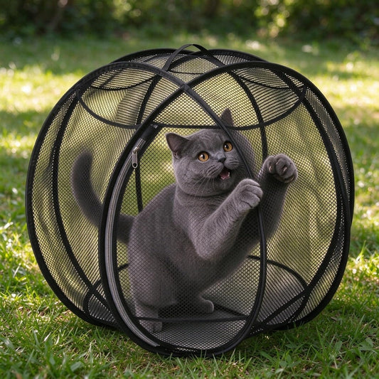 Pawhaus Rolling Cat Playpen in Black with a cat playing inside
