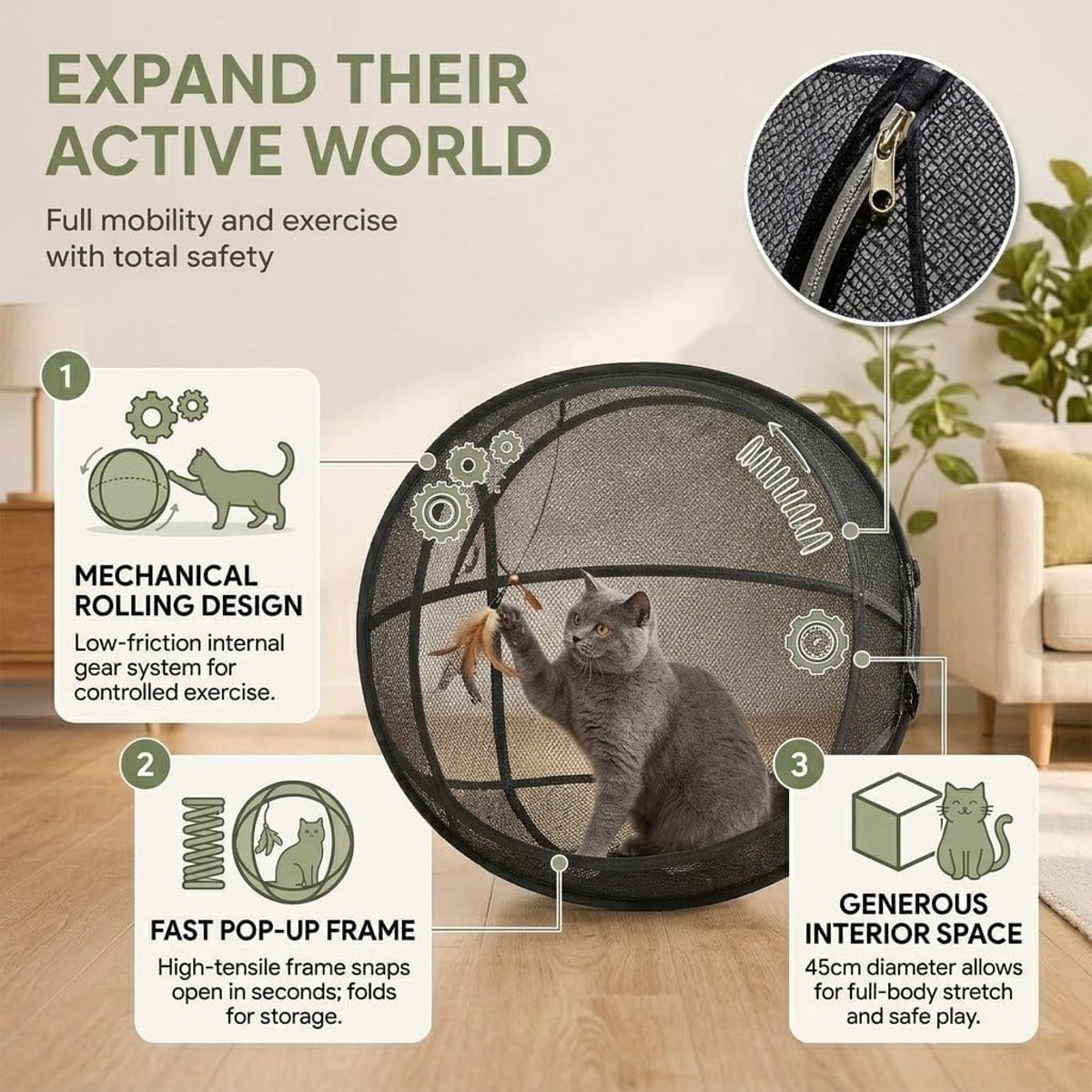 Pawhaus Rolling Cat Playpen size and details